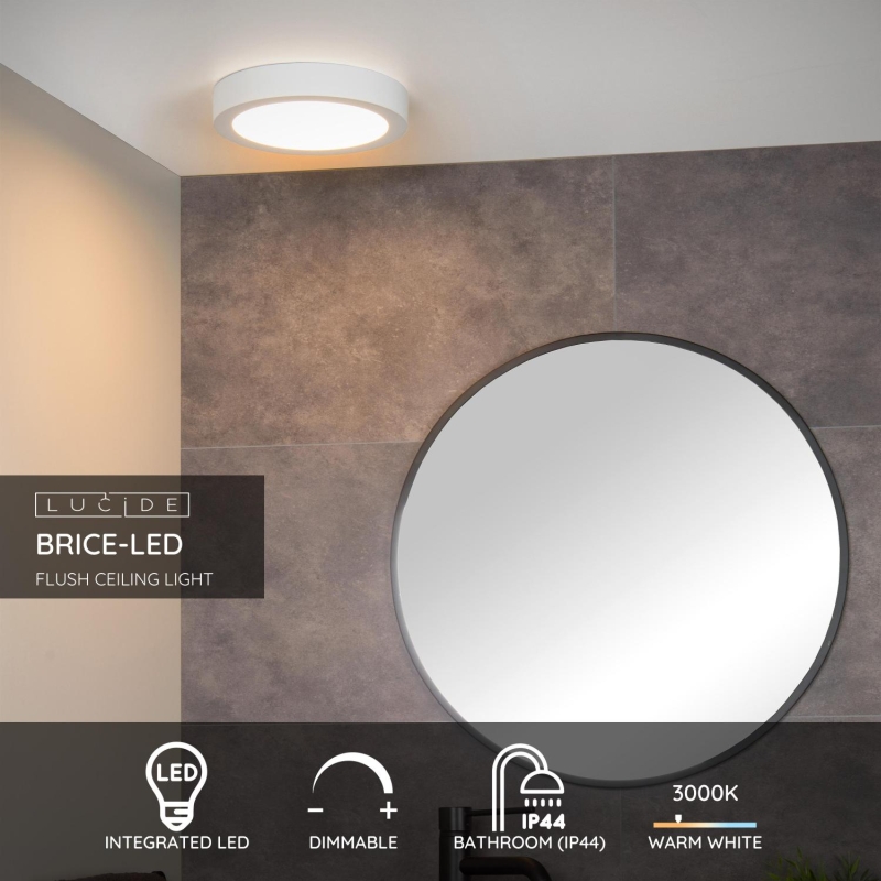 Lucide BRICE-LED - Zapustené stropné svietidlo Kúpeľňa - Ø 24 cm - LED Rozm. - 1x15W 3000K - IP44 - Biela